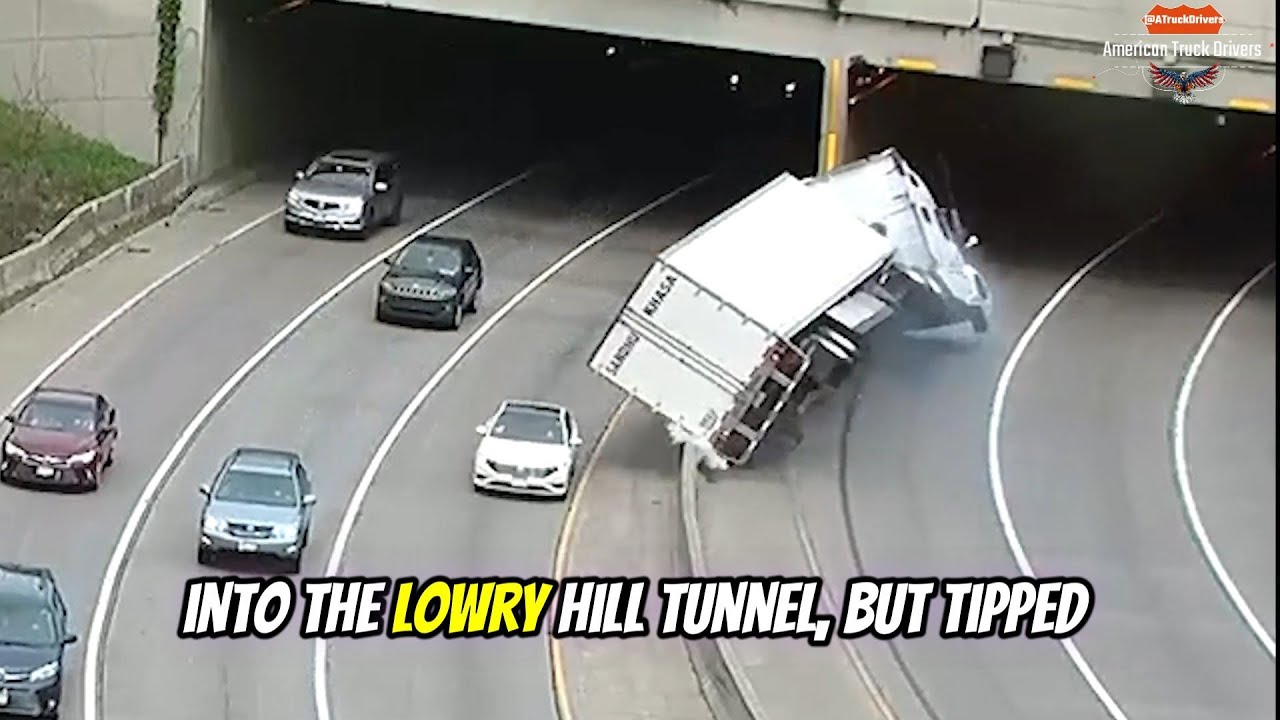 Semi Truck Tips in Tunnel, Slices Roof Off Trailer