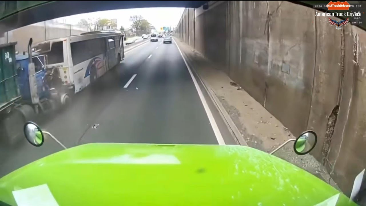 Road debris flew from under truck into car's windshield | Dump truck rear ends bus |  American Truck
